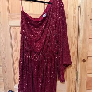 Chic Soul One-Shoulder Sequin Dress in Deep Wine
